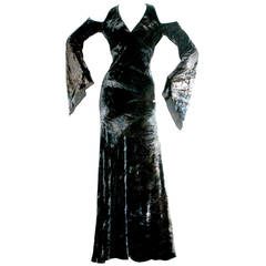 Vintage Donna Karan Ombré Crushed Velvet Blue & Green Open Back Runway Gown