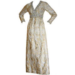 Gorgeous 1960s Silver & Gold Metallic Colorful Crystal Rhinestone Empire Gown
