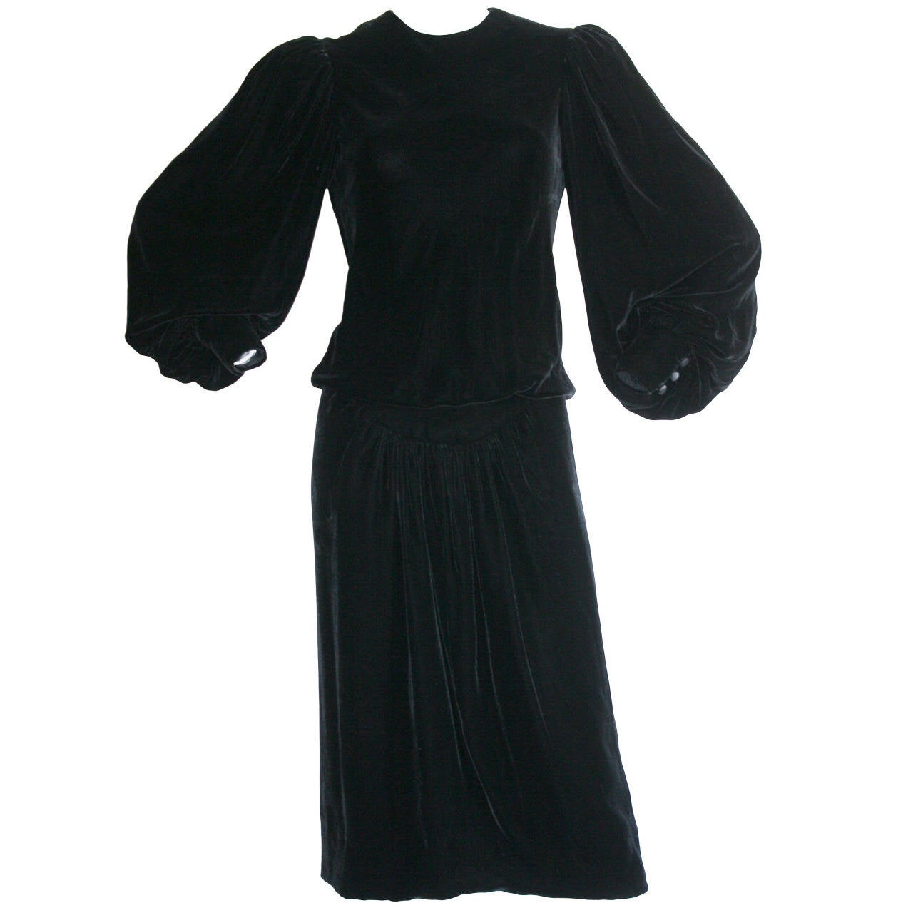 Vintage Oscar de la Renta Balloon Sleeve Black Velvet Dress For Sale