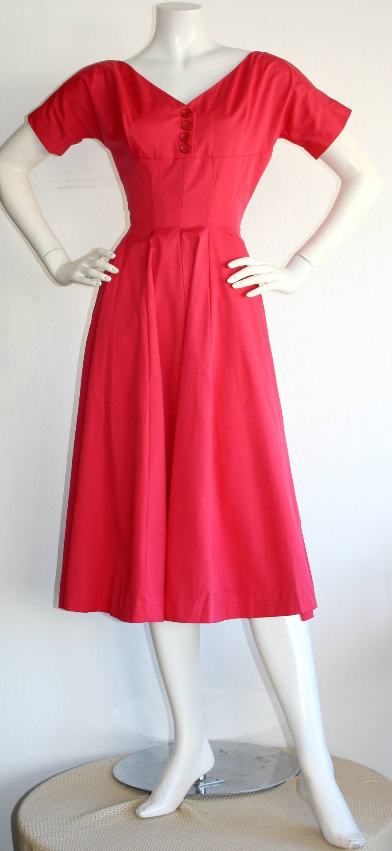 Red Pretty 1950s Vintage Anne Fogarty Raspberry Pink Full Skirt Button Dress For Sale