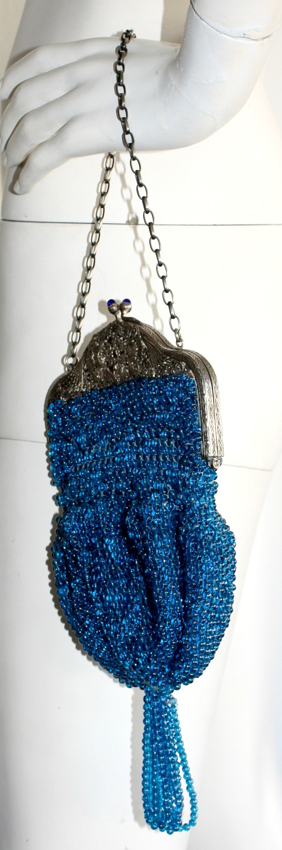 Striking Vintage 1920s Art Deco Purse Blue and Silver Beaded Tassel Flapper Bag at 1stdibs