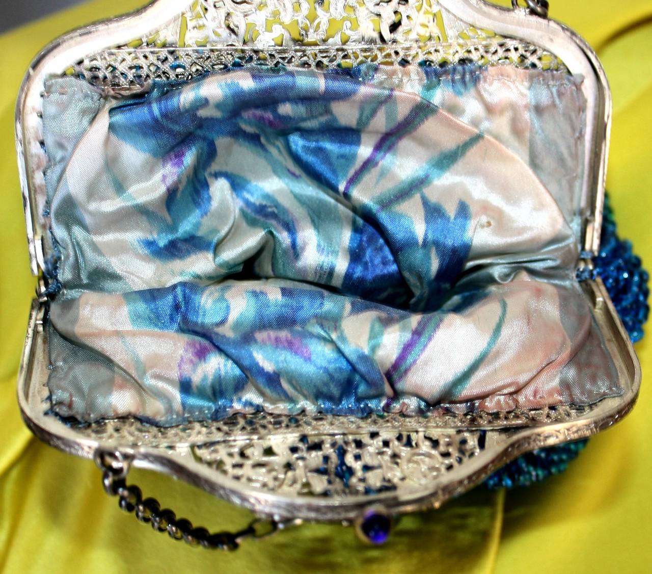 Purple Striking Vintage 1920s Art Deco Purse Blue & Silver Beaded Tassel Flapper Bag