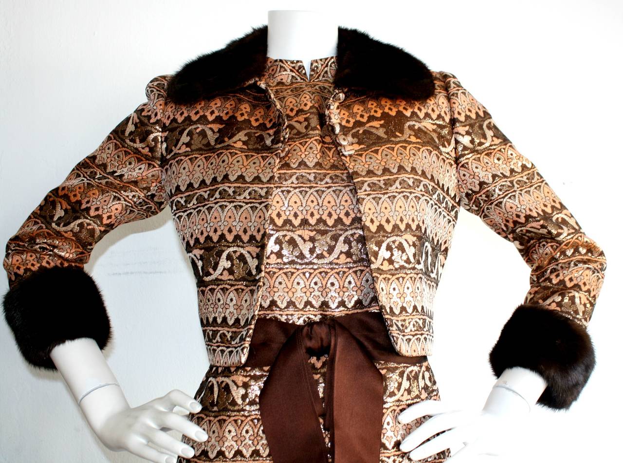1960s Early Vintage Adele Simpson Metallic Brocade Dress & Mink Jacket In Excellent Condition In San Diego, CA