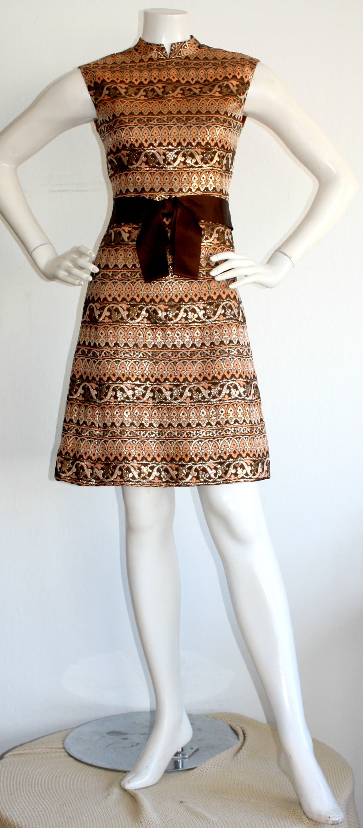 Brown 1960s Early Vintage Adele Simpson Metallic Brocade Dress & Mink Jacket