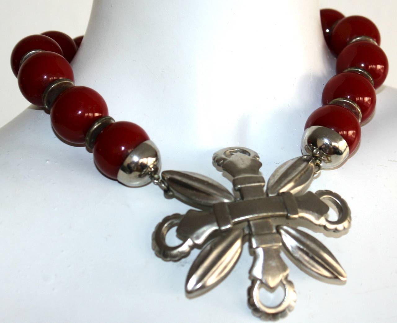 Amazing vintage Pierre Cardin & Castlecliff Deep Red Ball necklace! Beautiful matte silver shield pendant. Signed, 