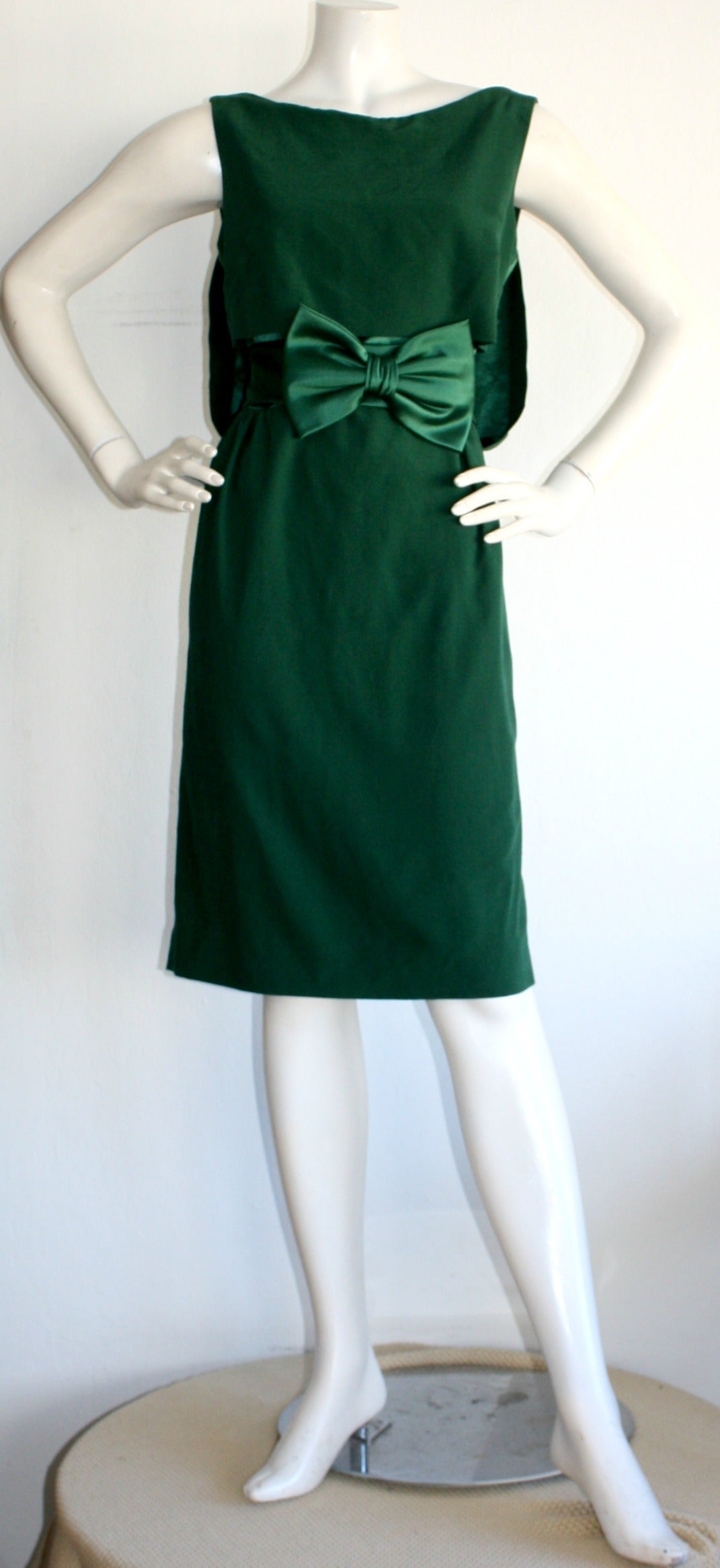 Black Beautiful Paola Quadretti Haute Couture 1960s Style Green Silk Dress & Bow Belt