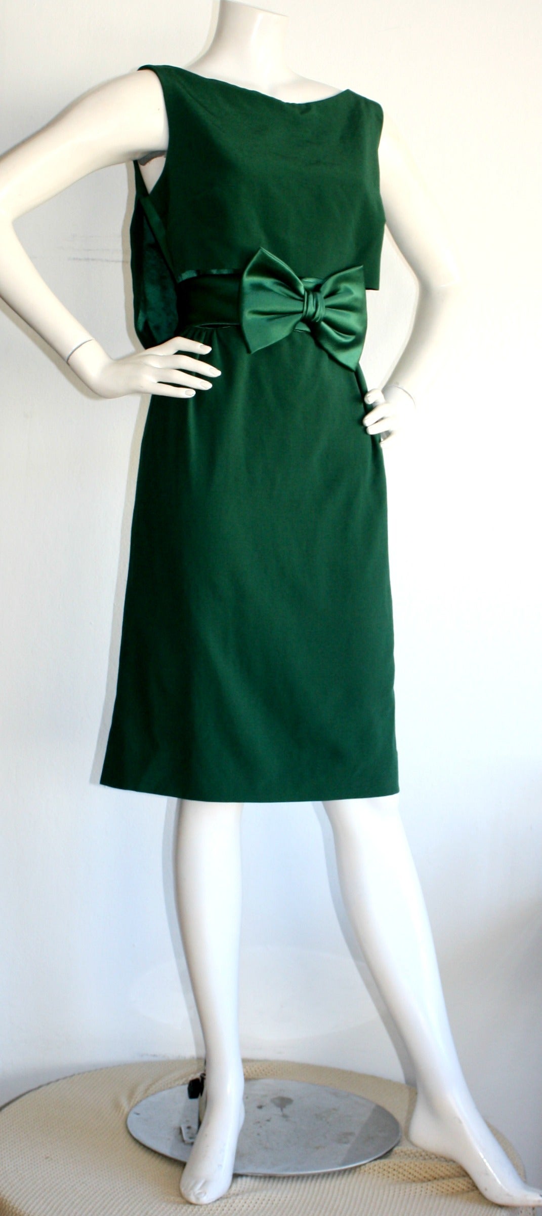 Women's Beautiful Paola Quadretti Haute Couture 1960s Style Green Silk Dress & Bow Belt