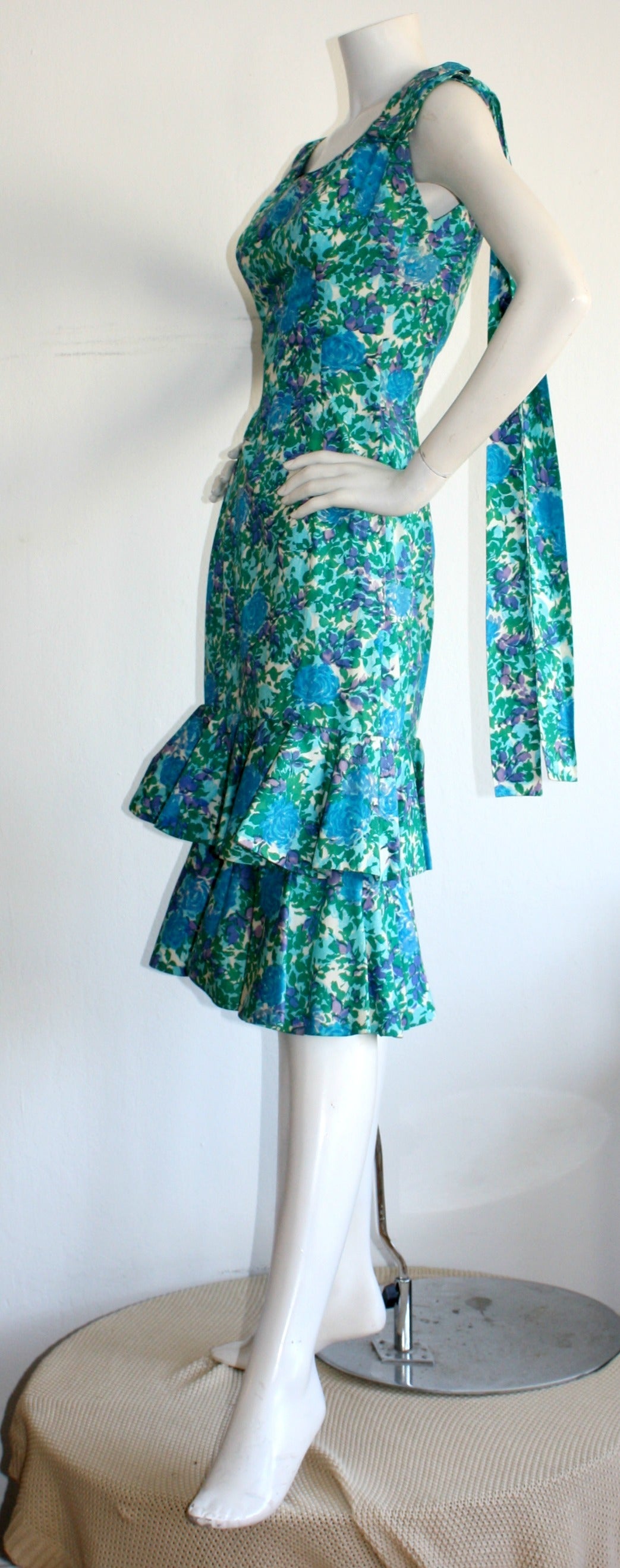Blue Bombshell 1950s Vintage Neiman Marcus Watercolor Peplum Ribbon Cotton Dress