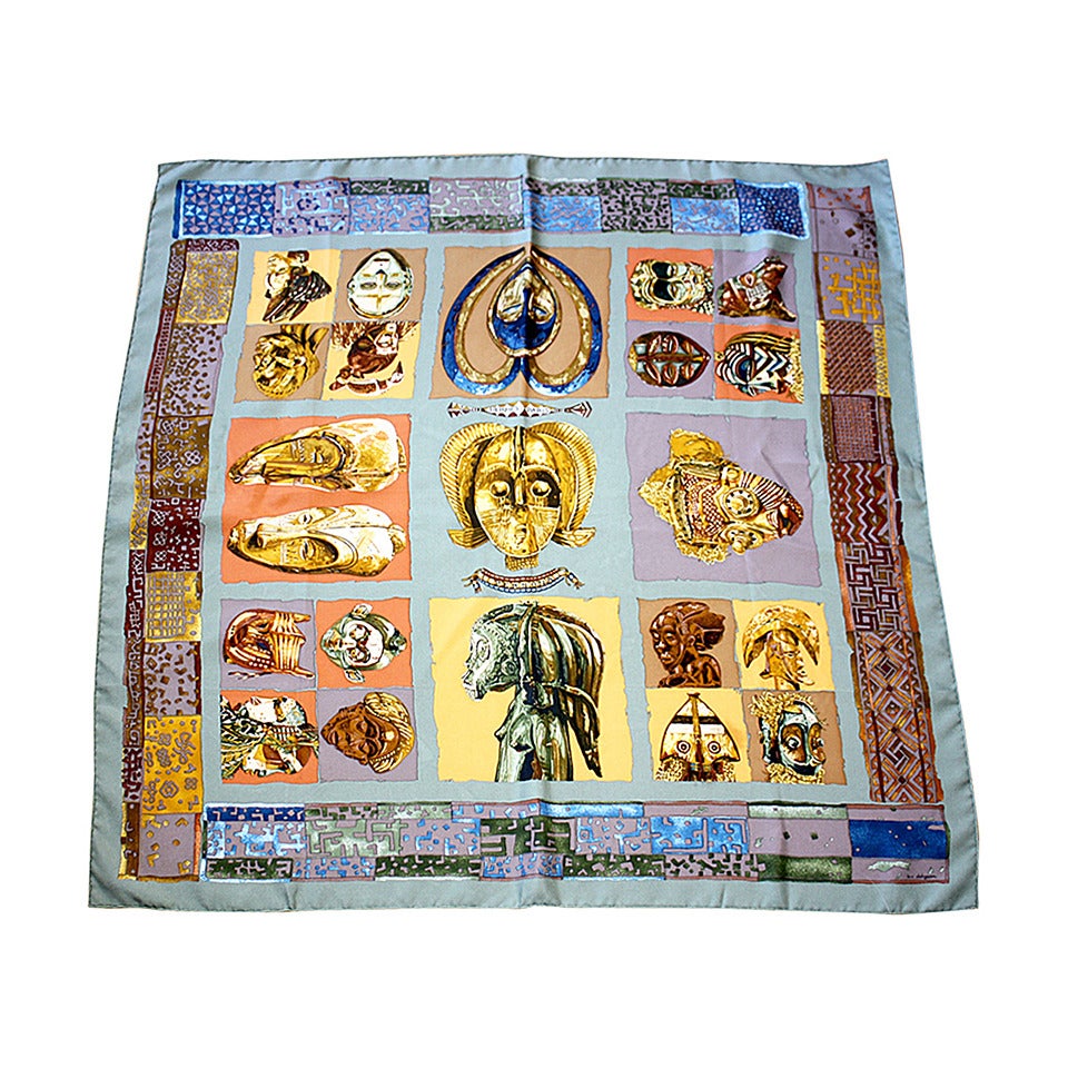 Rare Vintage Hermes Scarf Loic Dubigeon " Persona " Aztec Egypt Mummy Print