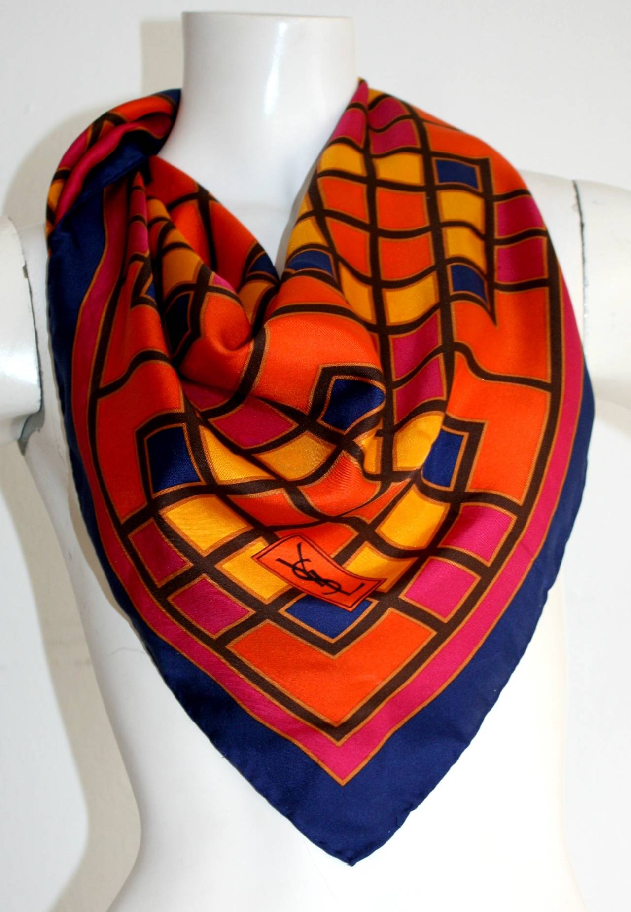 Iconic Vintage Yves Saint Laurent 1970s Geometric Oversized Silk Scarf 1