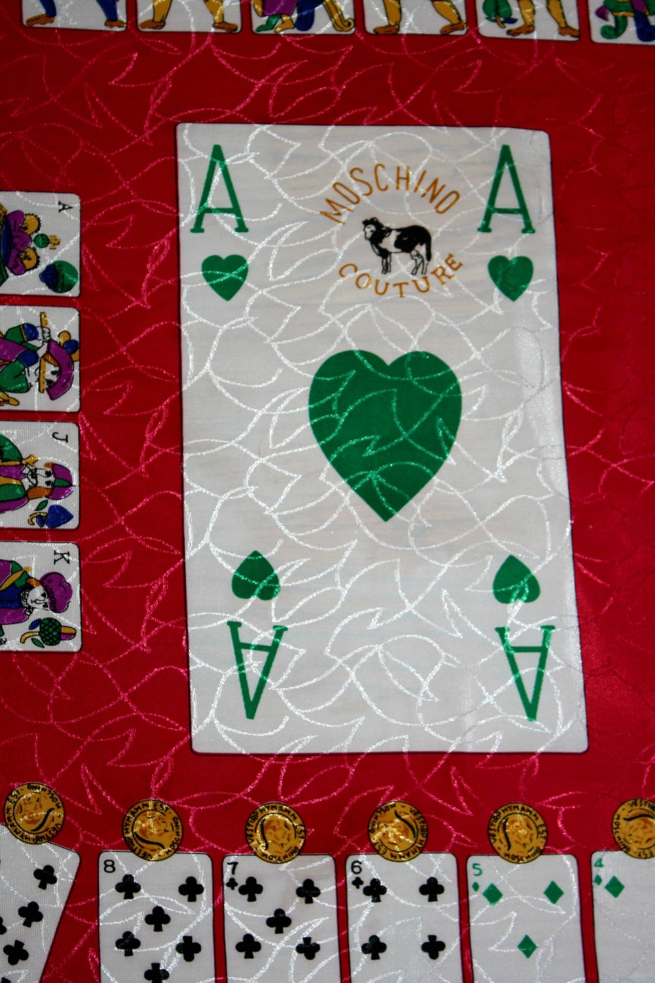 Vintage Moschino Couture " Ace of Hearts " Joker Oversized Jumbo Silk Scarf  at 1stDibs