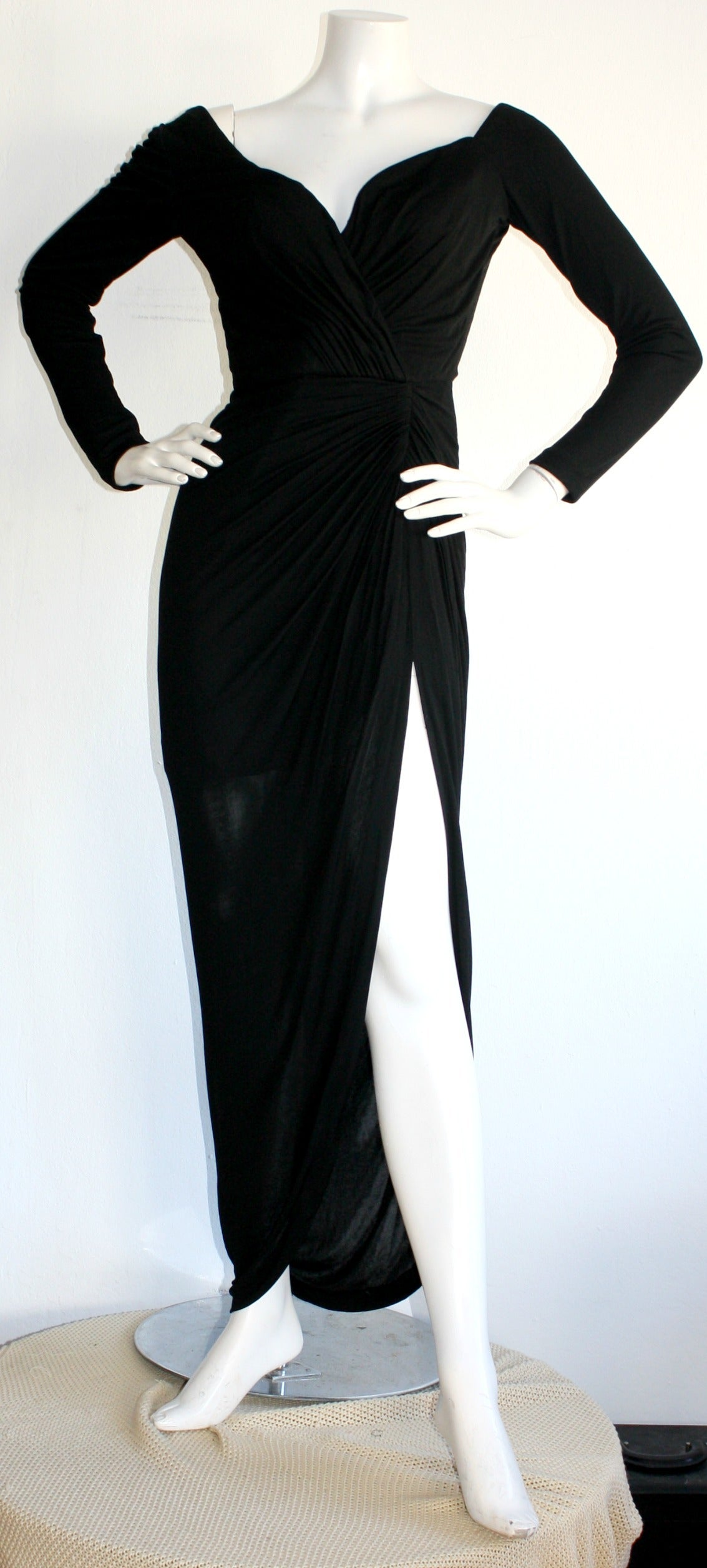 Remarkable Vintage Vicky Tiel Couture Black Jersey Off-Shoulder Gown
