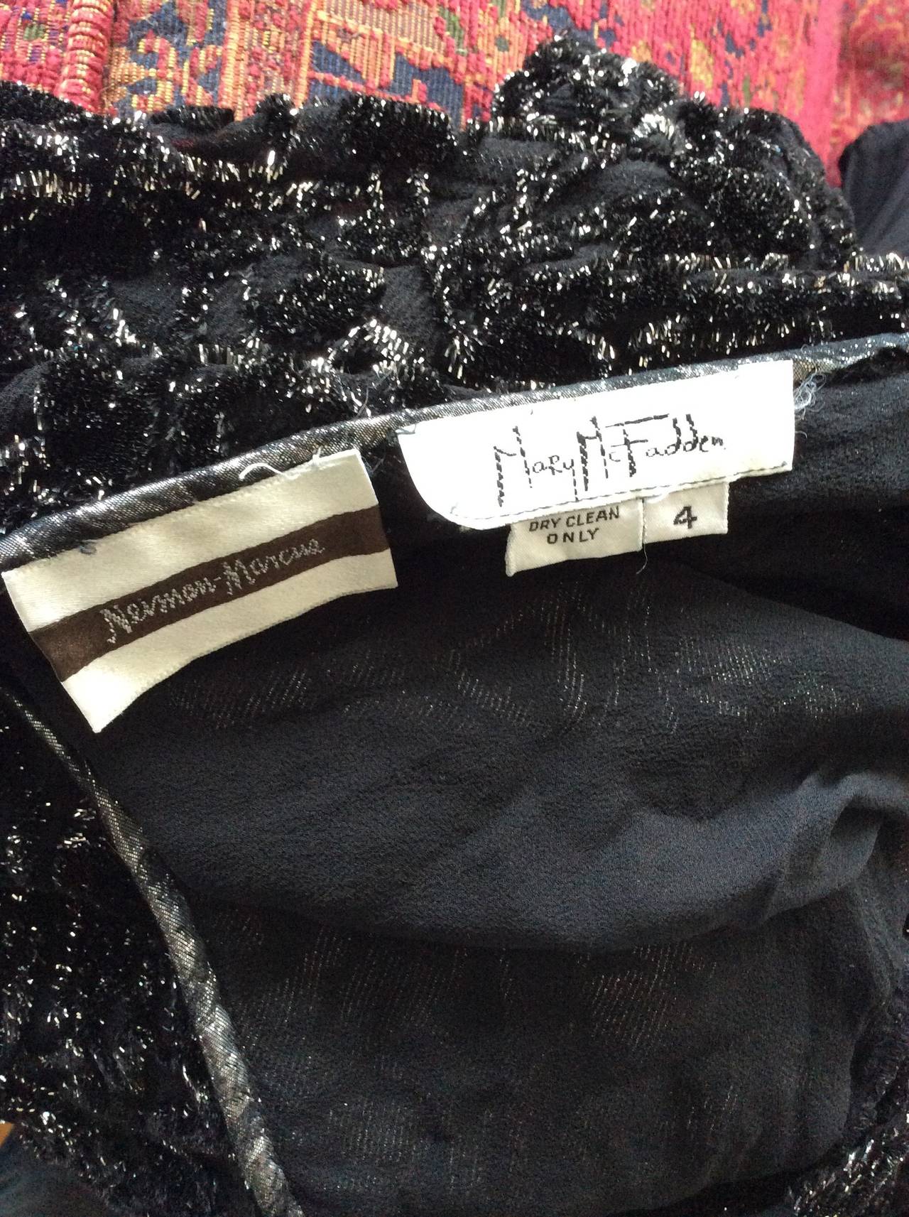 Vintage Mary McFadden Black Silk Metallic Belted Dress w/ Plunging Back For Sale 5