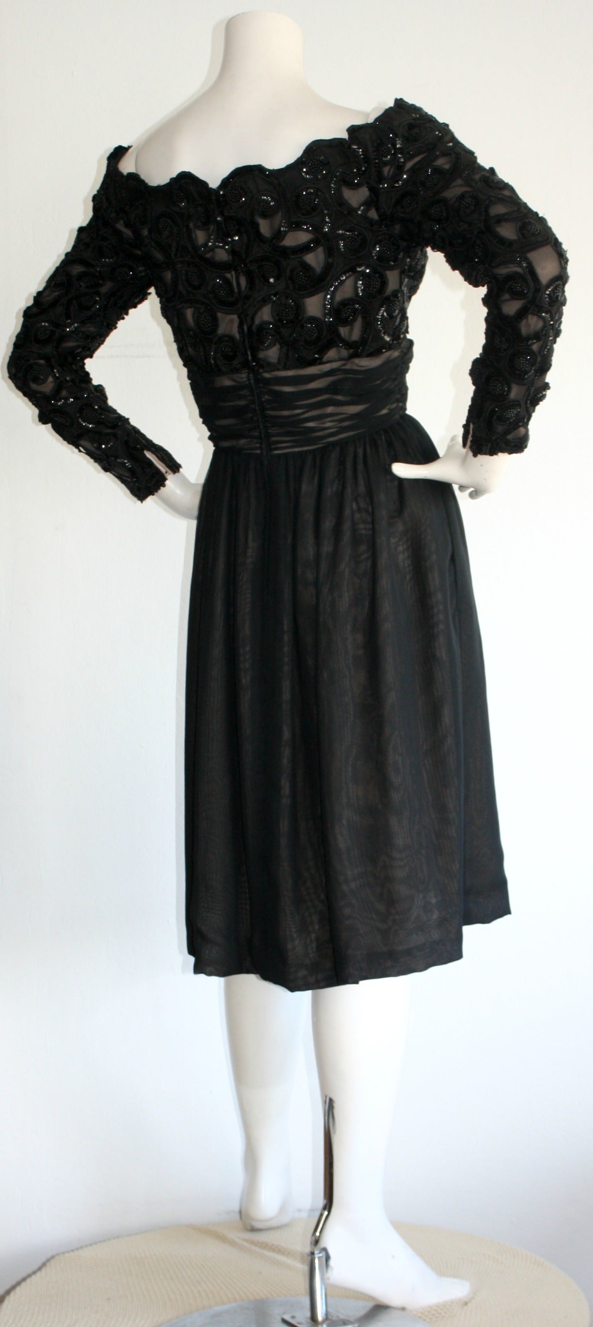 Black Vintage Kevan Hall Couture Off-Shoulder Sequin Chiffon Dress