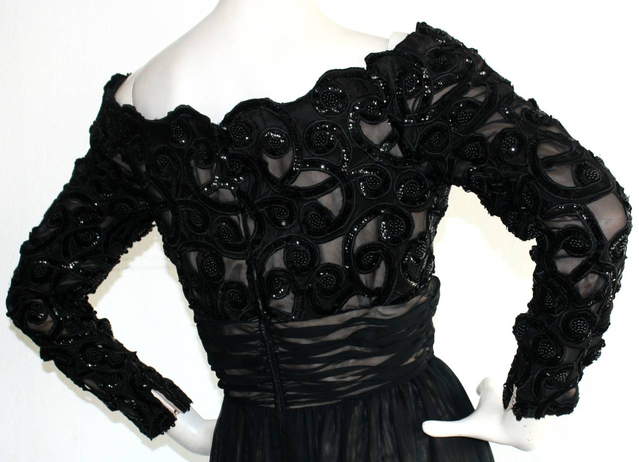 Vintage Kevan Hall Couture Off-Shoulder Sequin Chiffon Dress In Excellent Condition In San Diego, CA