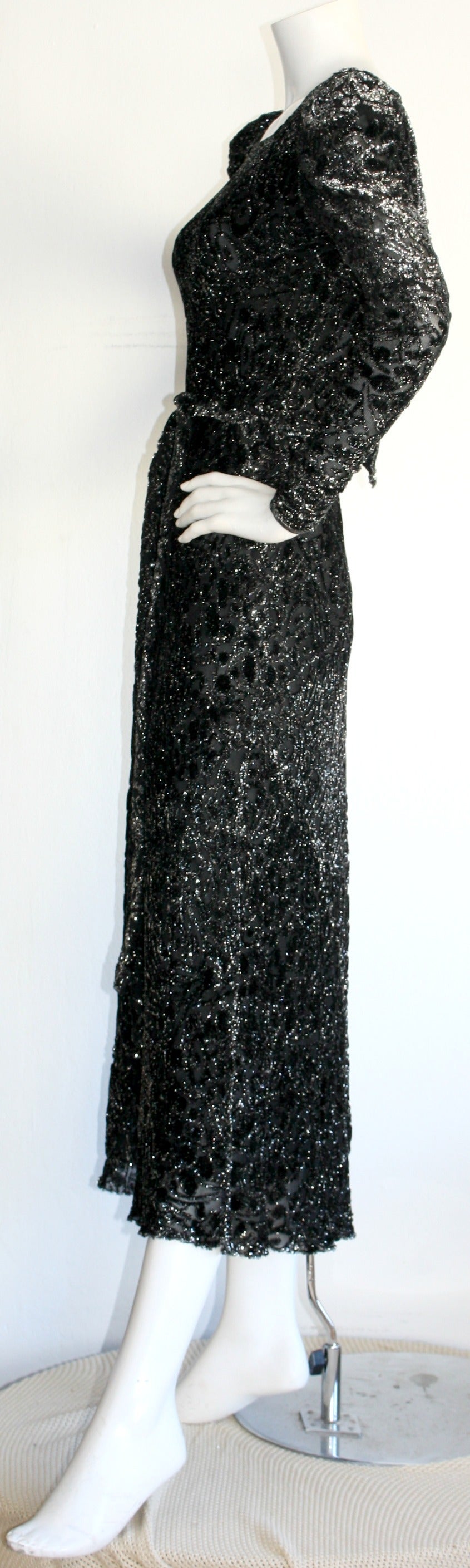 Vintage Mary McFadden Black Silk Metallic Belted Dress w/ Plunging Back For Sale 2