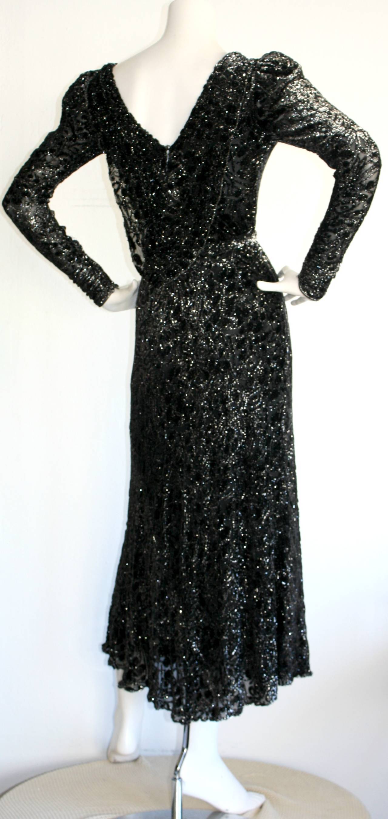 Vintage Mary McFadden Black Silk Metallic Belted Dress w/ Plunging Back In Excellent Condition For Sale In San Diego, CA