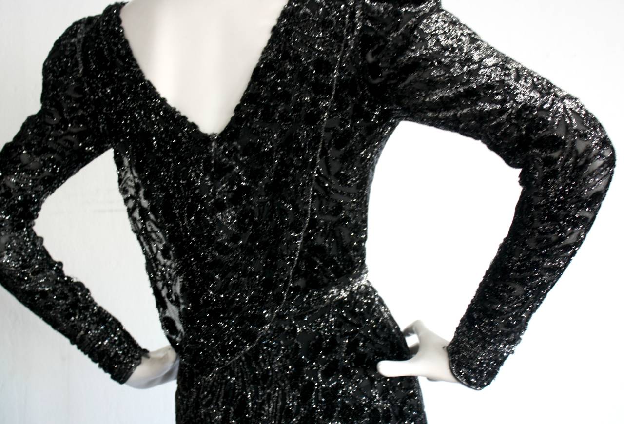 Vintage Mary McFadden Black Silk Metallic Belted Dress w/ Plunging Back For Sale 3