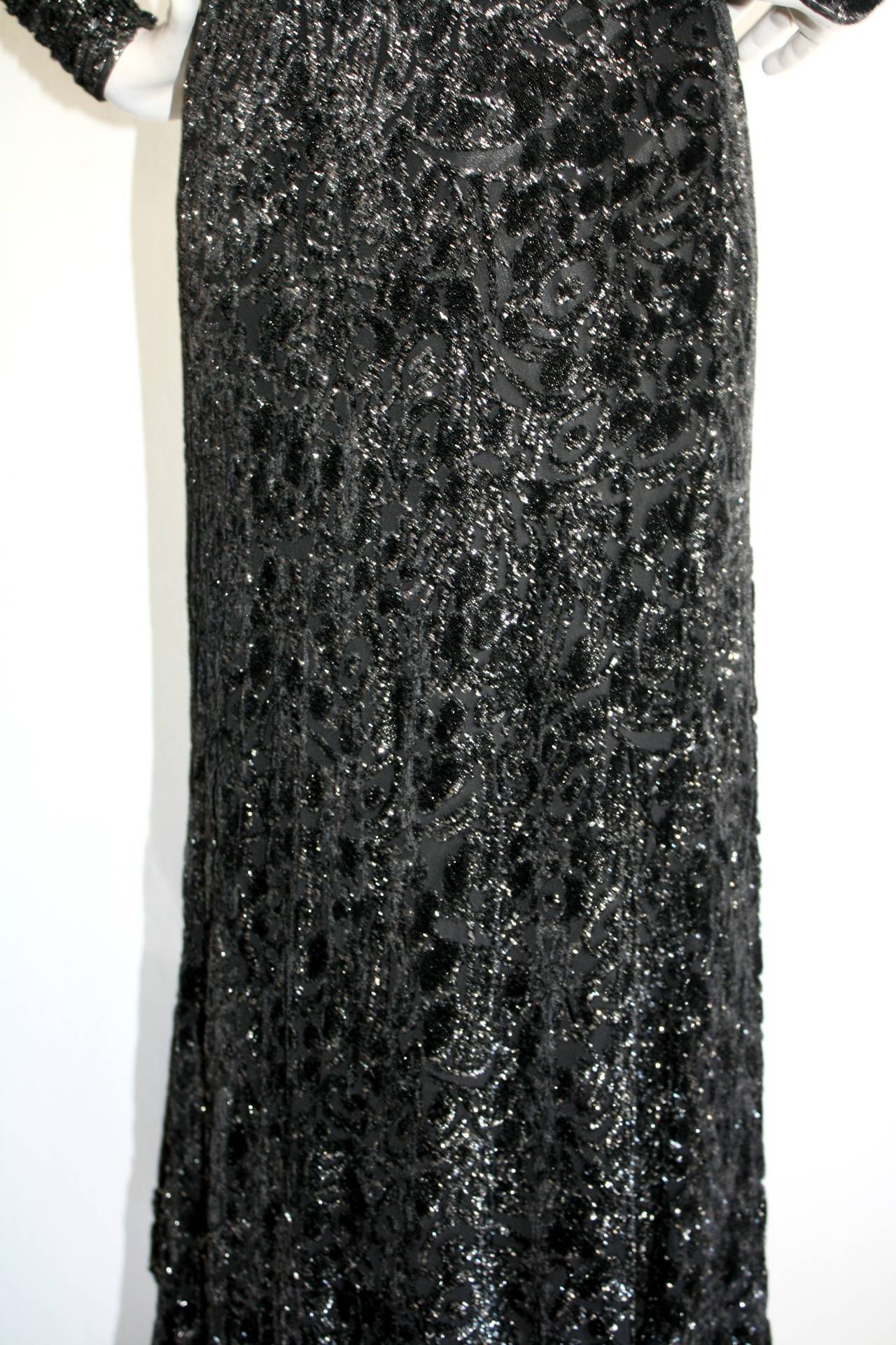 Vintage Mary McFadden Black Silk Metallic Belted Dress w/ Plunging Back For Sale 4