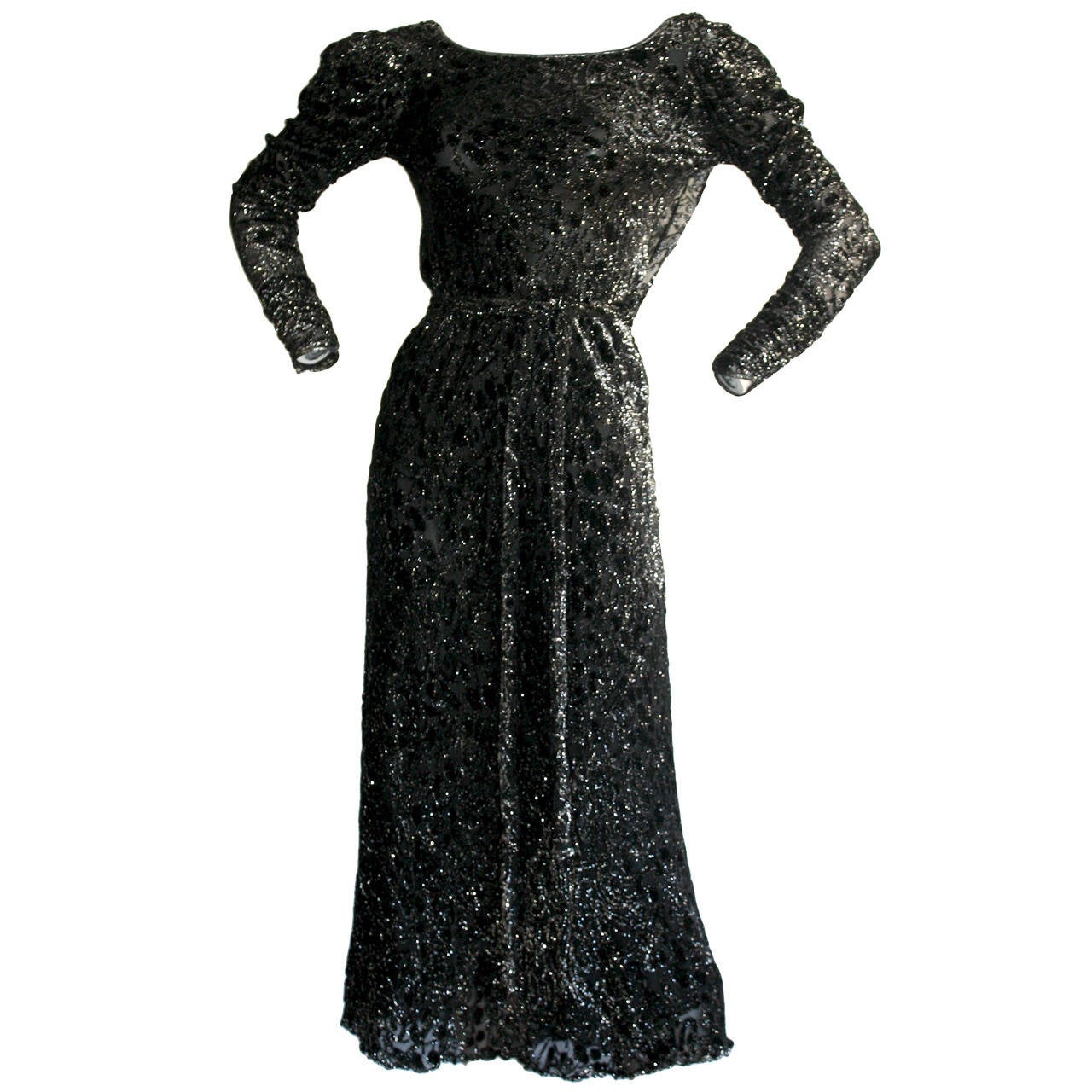Vintage Mary McFadden Black Silk Metallic Belted Dress w/ Plunging Back For Sale