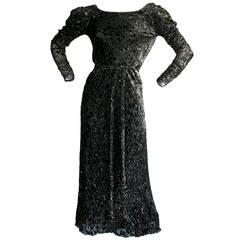 Retro Mary McFadden Black Silk Metallic Belted Dress w/ Plunging Back