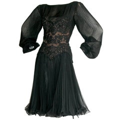 Vintage Travilla Lace Illusion Bodice Silk Chiffon Flowy Black Dress