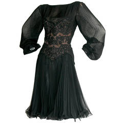 Vintage Travilla Lace Illusion Bodice Silk Chiffon Flowy Black Dress 11