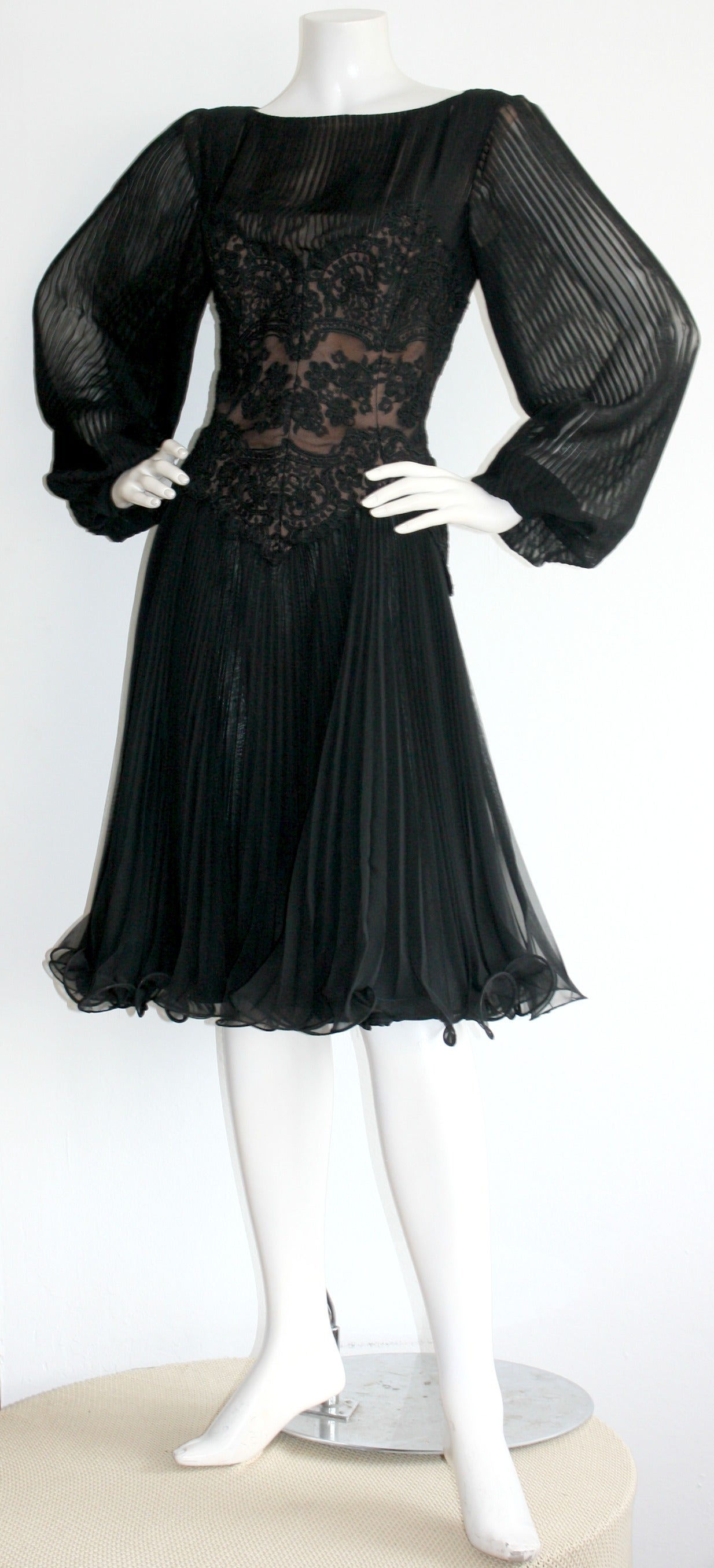 Vintage Travilla Lace Illusion Bodice Silk Chiffon Flowy Black Dress