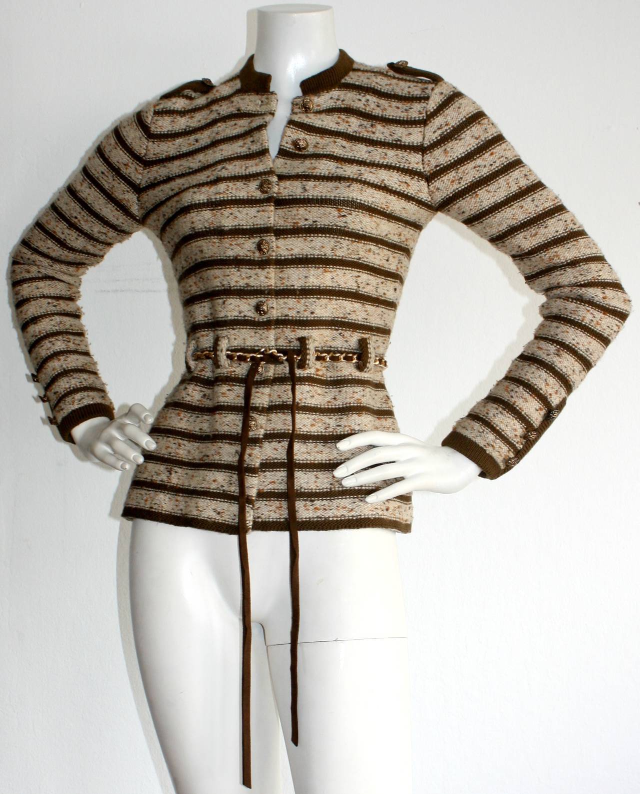 Chic Vintage Adolfo Saks 5Th Ave. Military Cardigan Sweater W/ Chain Belt At 1Stdibs