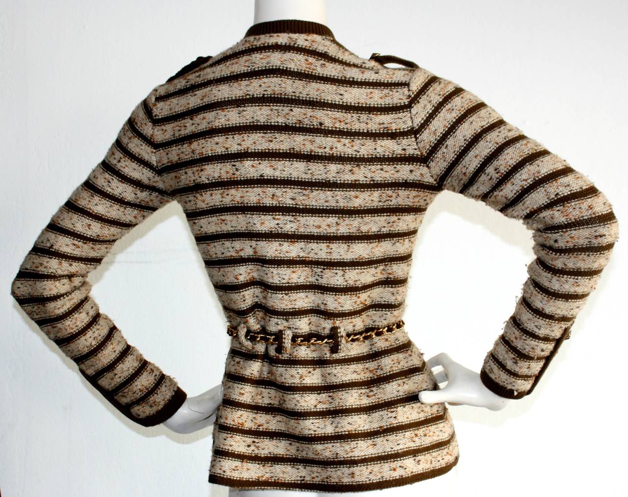 Chic Vintage Adolfo Saks 5th Ave. Military Cardigan Sweater w/ Chain Belt In Excellent Condition In San Diego, CA