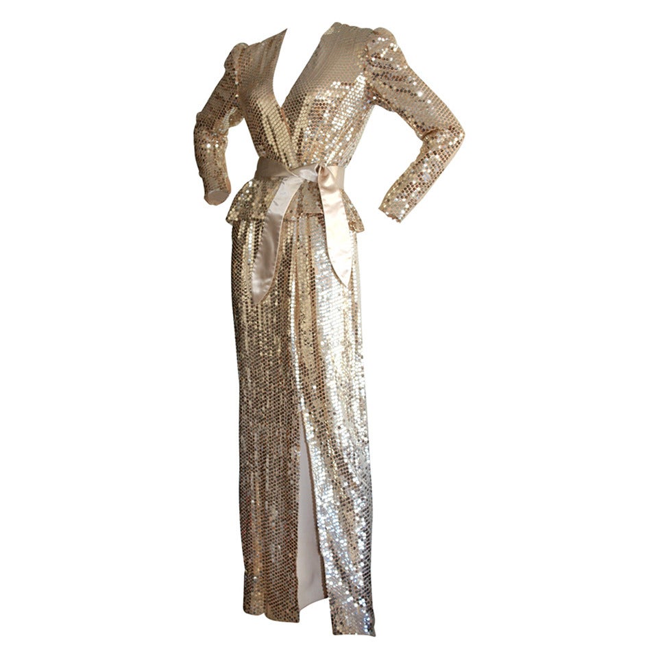 Stunning Vintage Estevez Dress Gold Champagne Silk Peplum Dress at 1stdibs