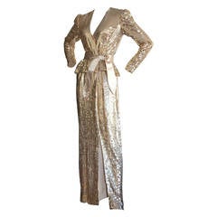 Stunning Retro Estevez Dress Gold Champagne Silk Peplum Dress