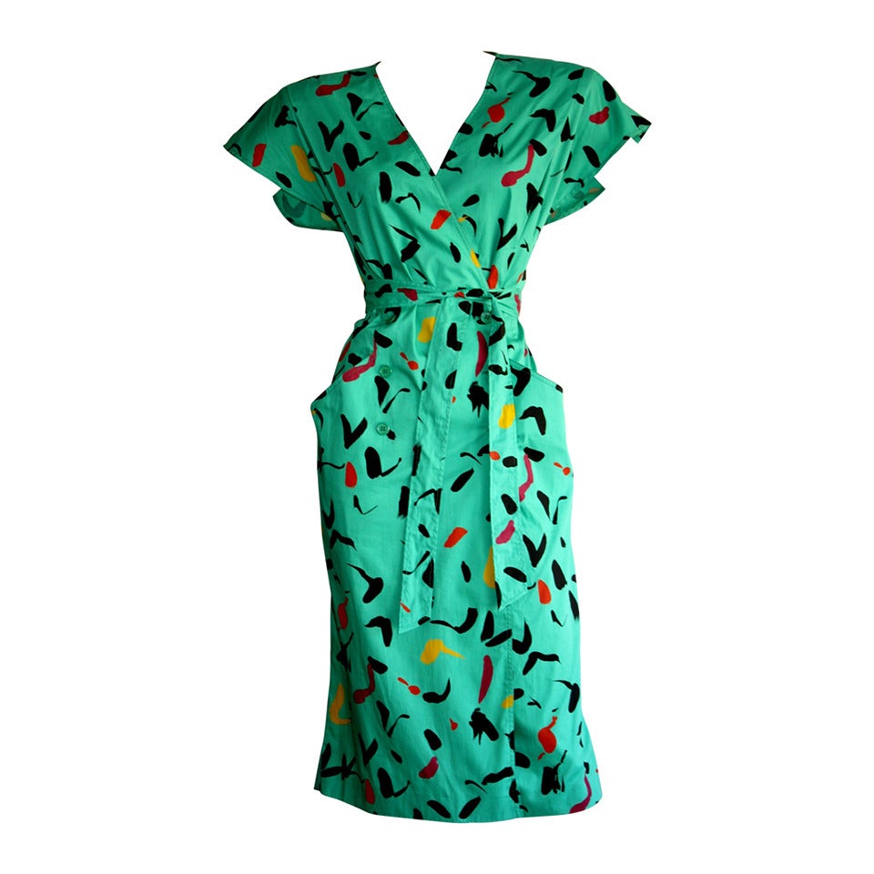 Vintage Emanuel Ungaro Dress Avant Garde Kelly Green Graffiti Scribble W/ Belt For Sale