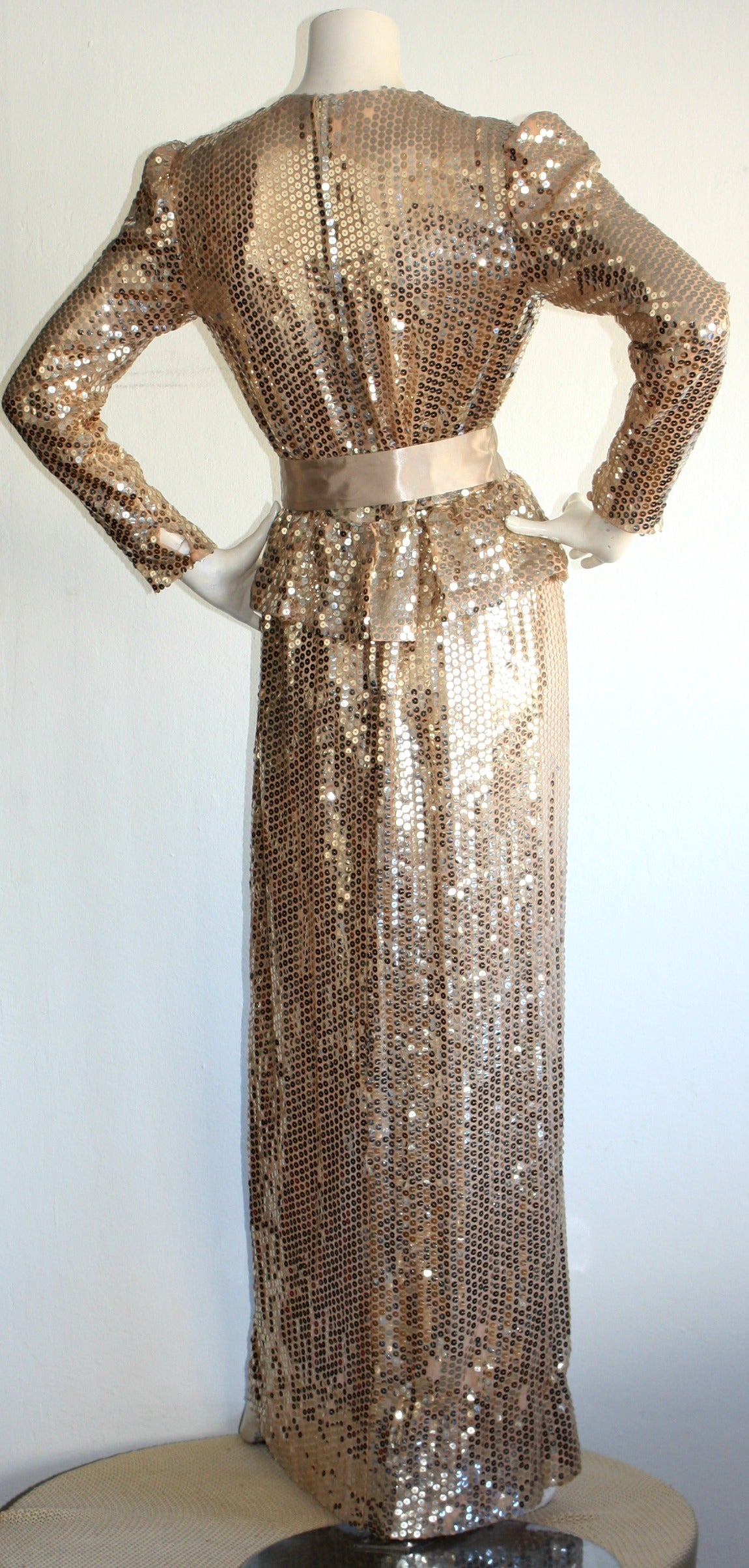 Women's Stunning Vintage Estevez Dress Gold Champagne Silk Peplum Dress