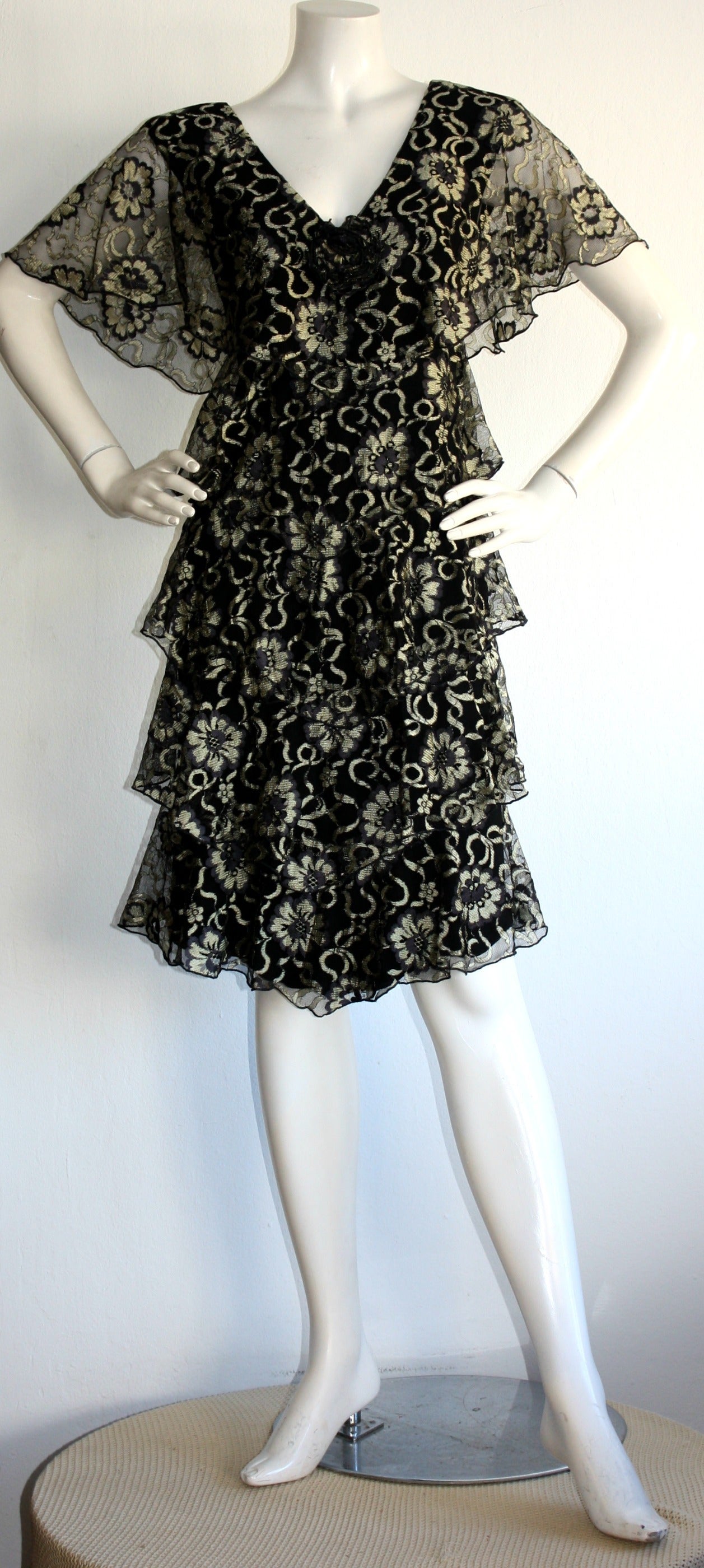 Incredible Vintage Holly's Harp Black & Gold Metallic Flapper Tiered Boho Dress