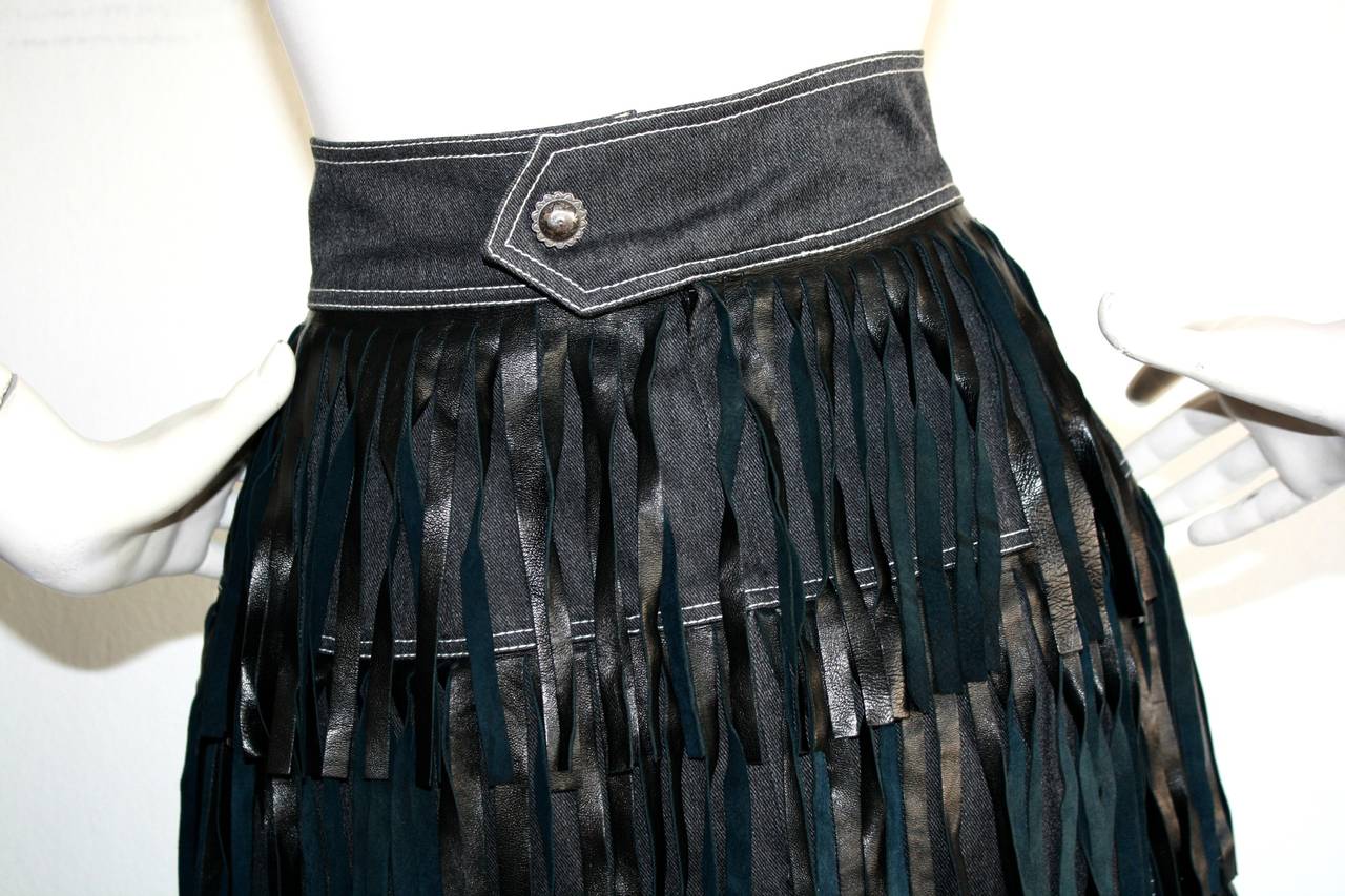 Women's Rare Vintage Patrick Kelly Denim Leather Fringe Flapper Skirt