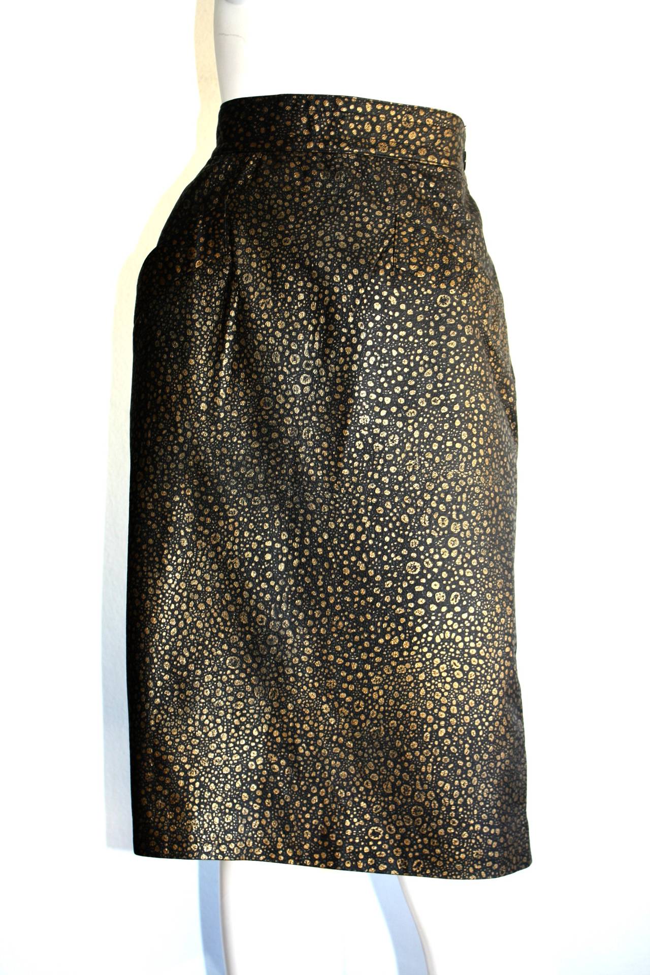 Vintage Yves Saint Laurent Rive Gauche Pig Leather Gold Black Splatter Skirt 3
