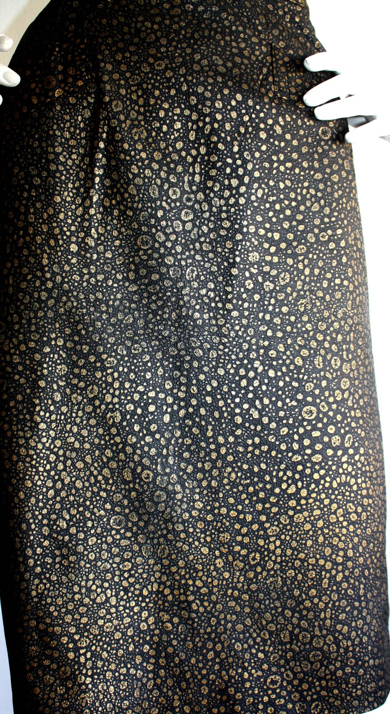 Vintage Yves Saint Laurent Rive Gauche Pig Leather Gold Black Splatter Skirt In Excellent Condition In San Diego, CA