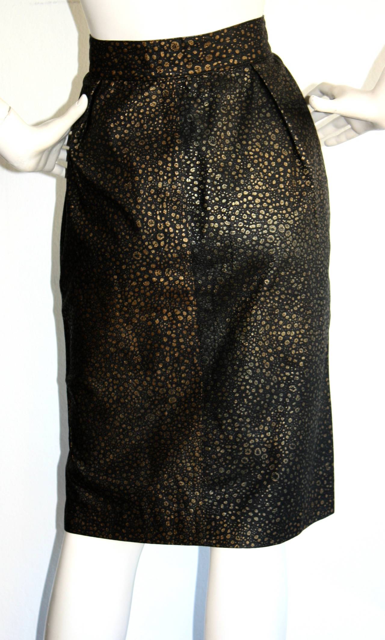 Vintage Yves Saint Laurent Rive Gauche Pig Leather Gold Black Splatter Skirt 1