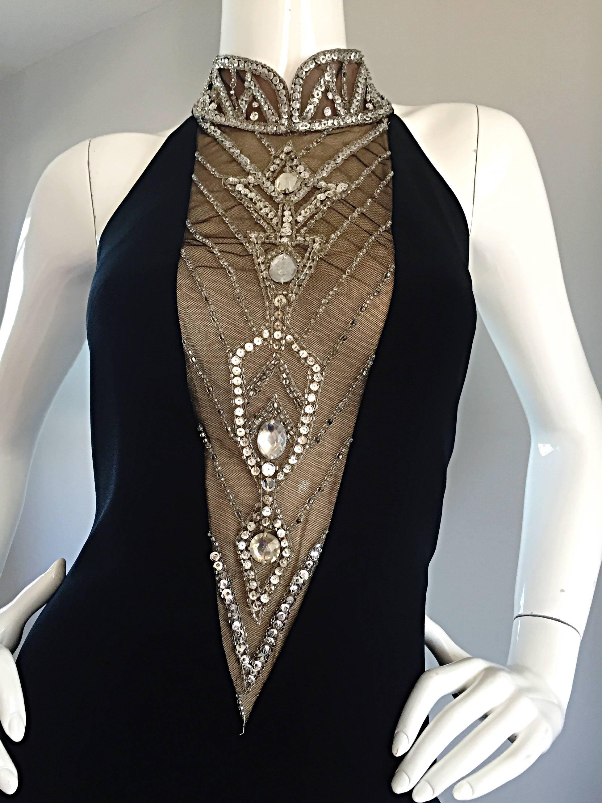 Sexy Vintage Bob Mackie Nude - Illusion Plunging Rhinestone Black Dress LBD In Excellent Condition In San Diego, CA