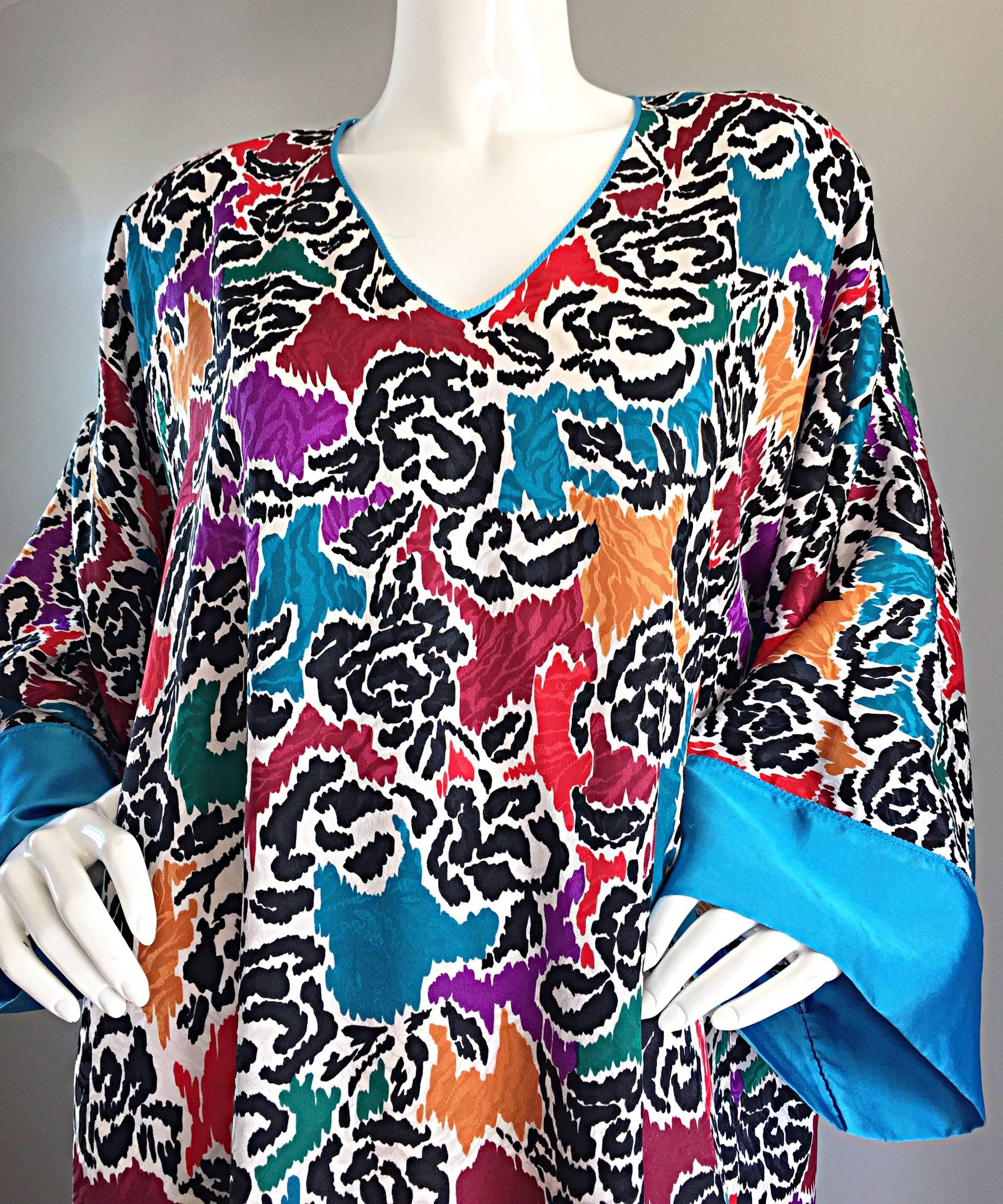 Black Mary McFadden for I. Magnin Wild Vintage Leopard + Floral Print Caftan Dress For Sale