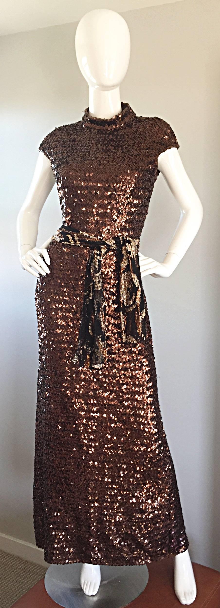 Amazing 1970s 70s Chocolate Brown Sequined Open - Back Knit Dress / Gown 2