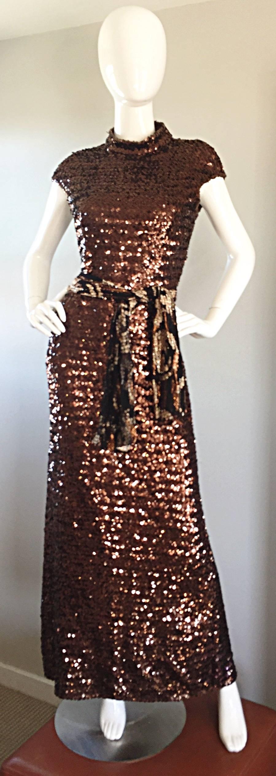 Amazing 1970s 70s Chocolate Brown Sequined Open - Back Knit Dress / Gown In Excellent Condition In San Diego, CA