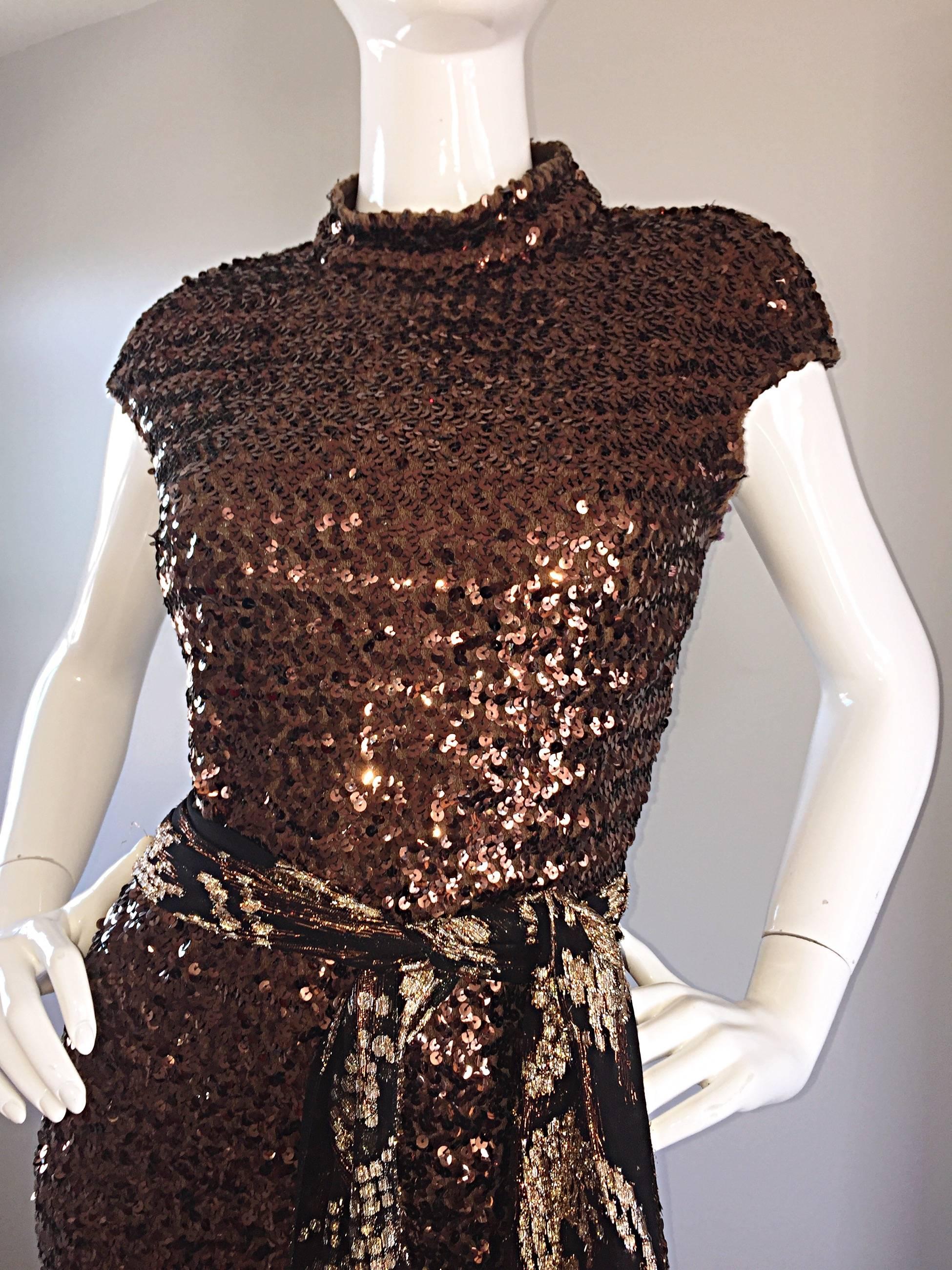Amazing 1970s 70s Chocolate Brown Sequined Open - Back Knit Dress / Gown 3