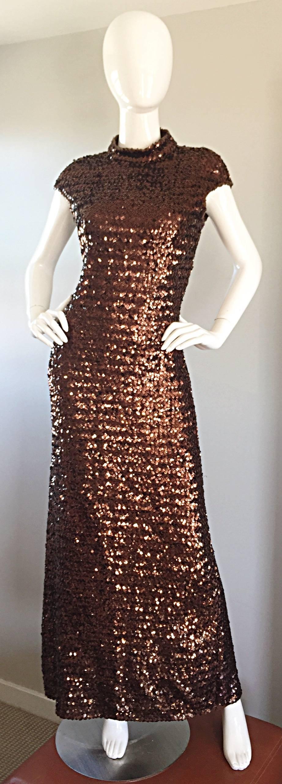 Women's Amazing 1970s 70s Chocolate Brown Sequined Open - Back Knit Dress / Gown