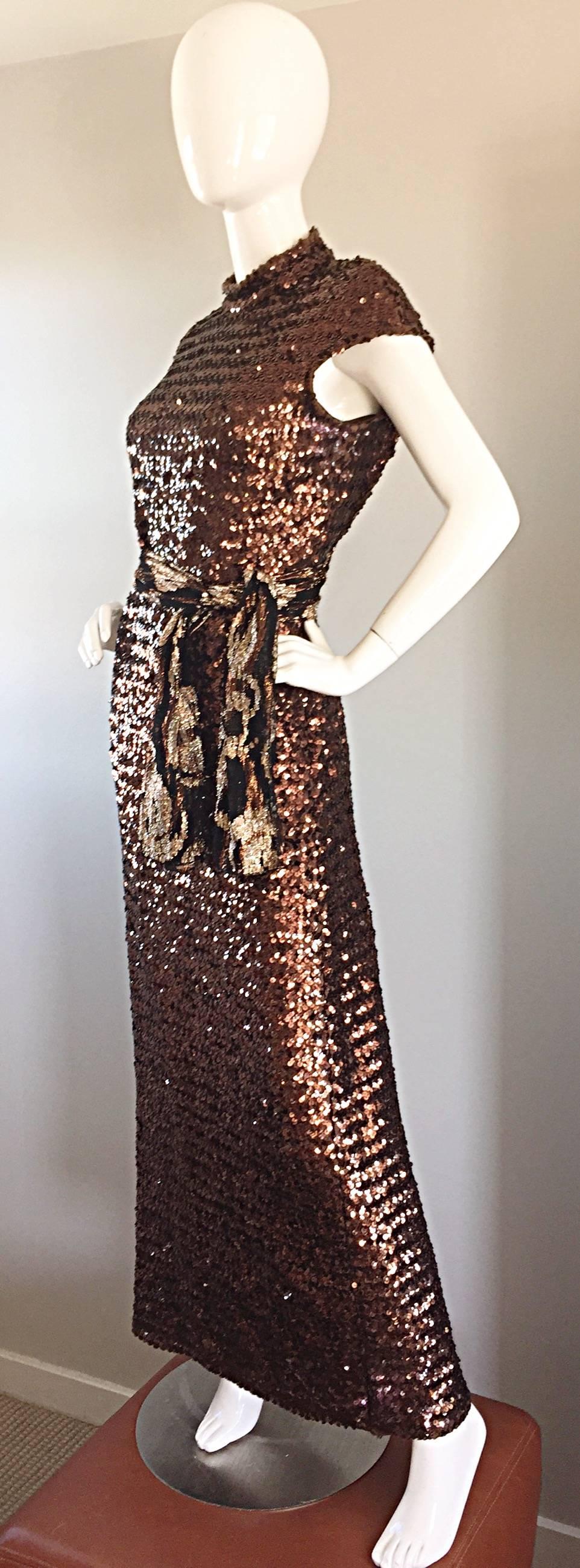 Amazing 1970s 70s Chocolate Brown Sequined Open - Back Knit Dress / Gown 1