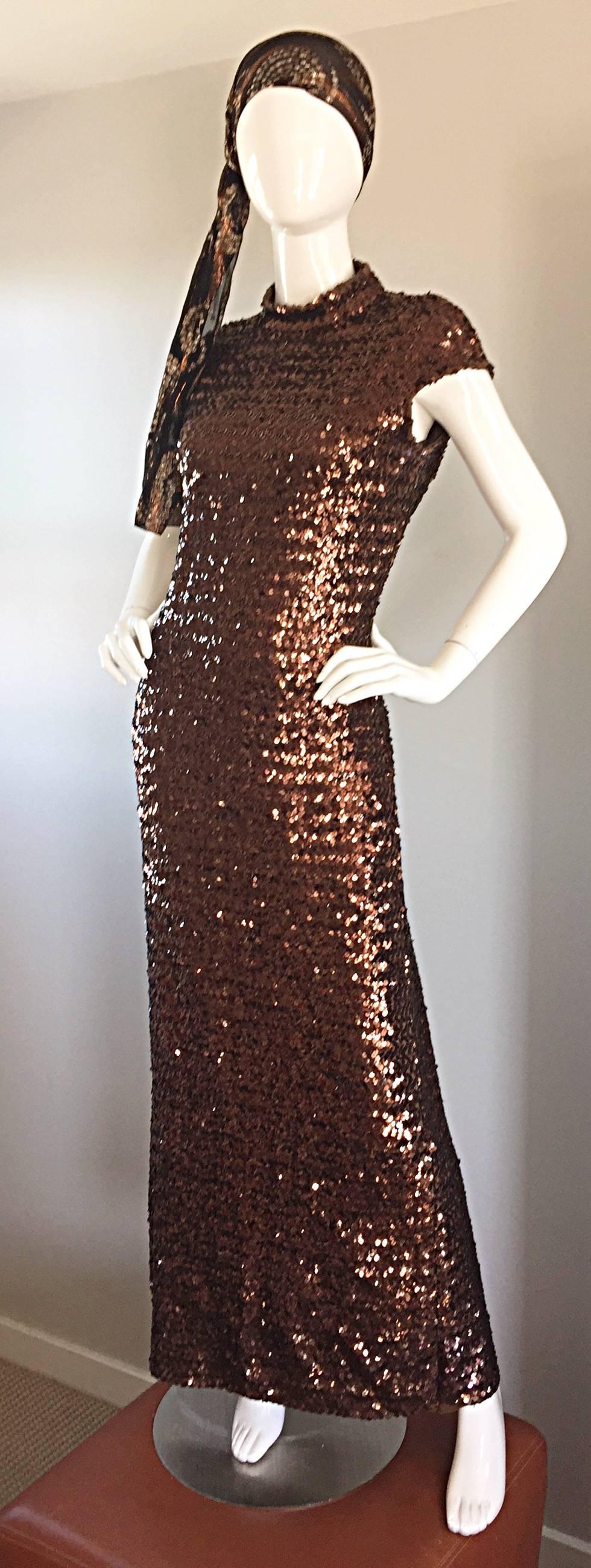 Incredible 1970s chocolate brown sequined dress, and silk metallic sash! Features all-over hand-sewn sequins! Sexy open back, with hook-and-eye closures at back neck. Super comfortable brown knit, that stretches to fit. Elegant, sexy, and sassy all