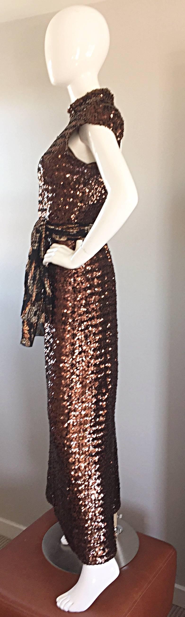 Amazing 1970s 70s Chocolate Brown Sequined Open - Back Knit Dress / Gown 4