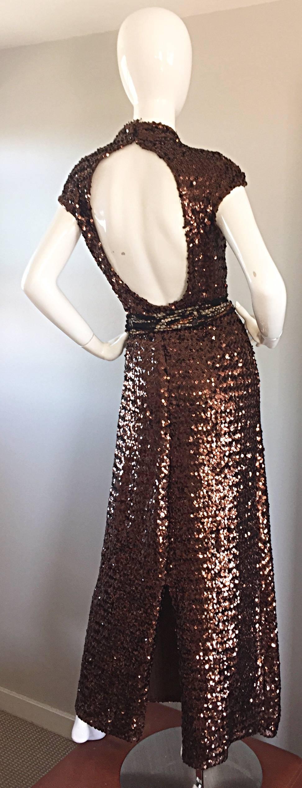 Amazing 1970s 70s Chocolate Brown Sequined Open - Back Knit Dress / Gown 5