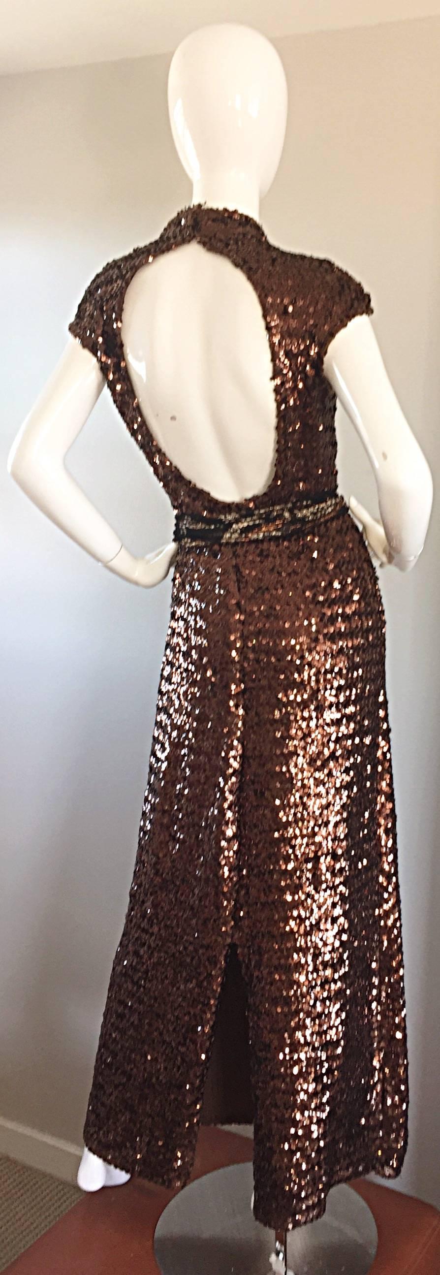 Black Amazing 1970s 70s Chocolate Brown Sequined Open - Back Knit Dress / Gown